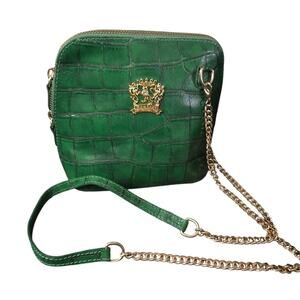 Pratesi Firenze Green Croc Embossed Leather Crossbody Bag Gold Chain Italy